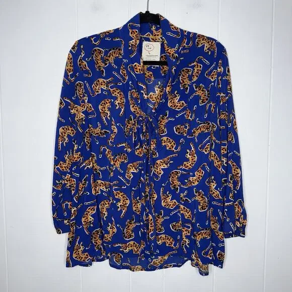 Conversations By Anthropologie Women’s Tiger Print Top Blue Size 12 - Picture 1 of 5